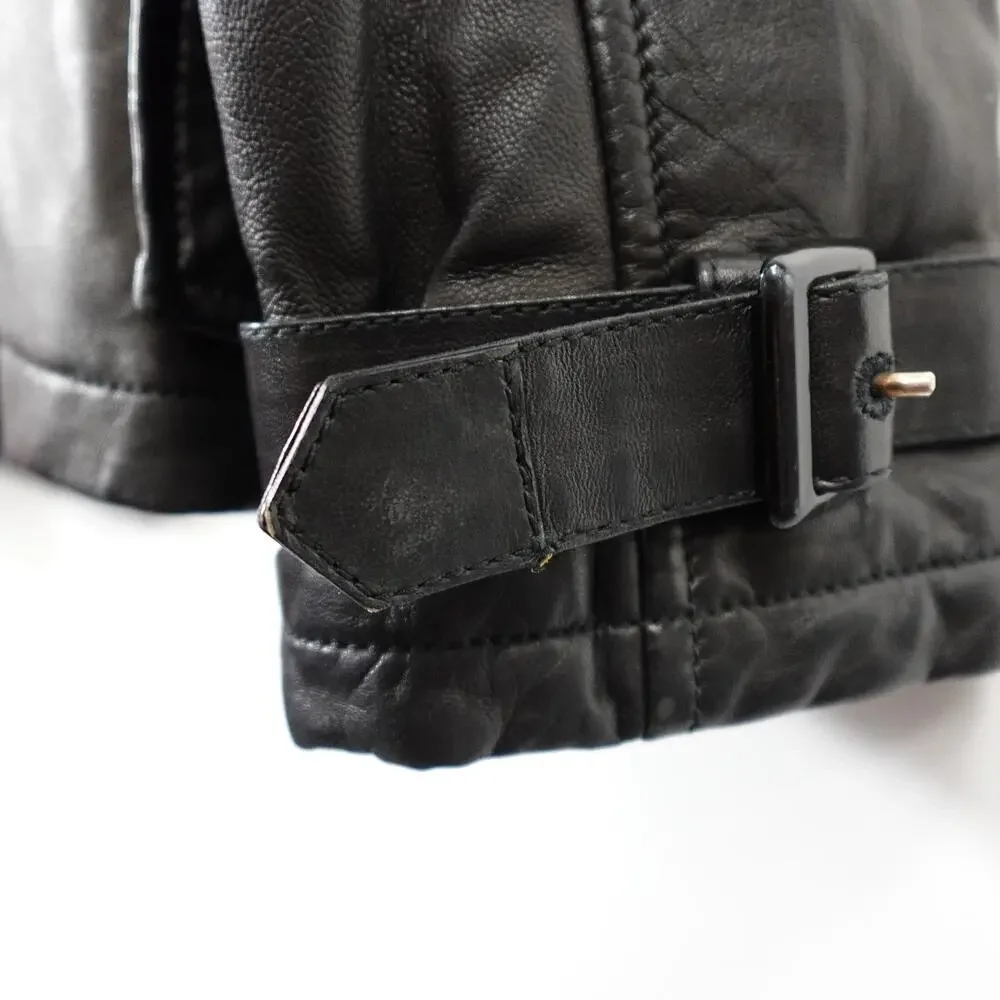 Longhi Black Leather Collared Cargo Utility Moto Biker Jacket Men's 46 Small
